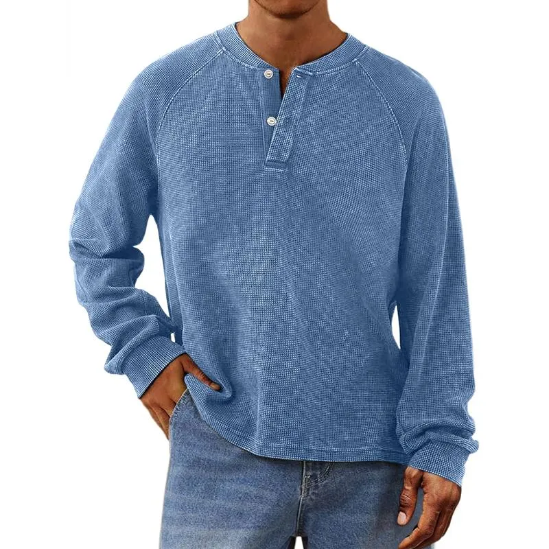Men's Solid Color Waffle Henley Collar Long Sleeve Casual T-shirt 41869652Z sold by Manly