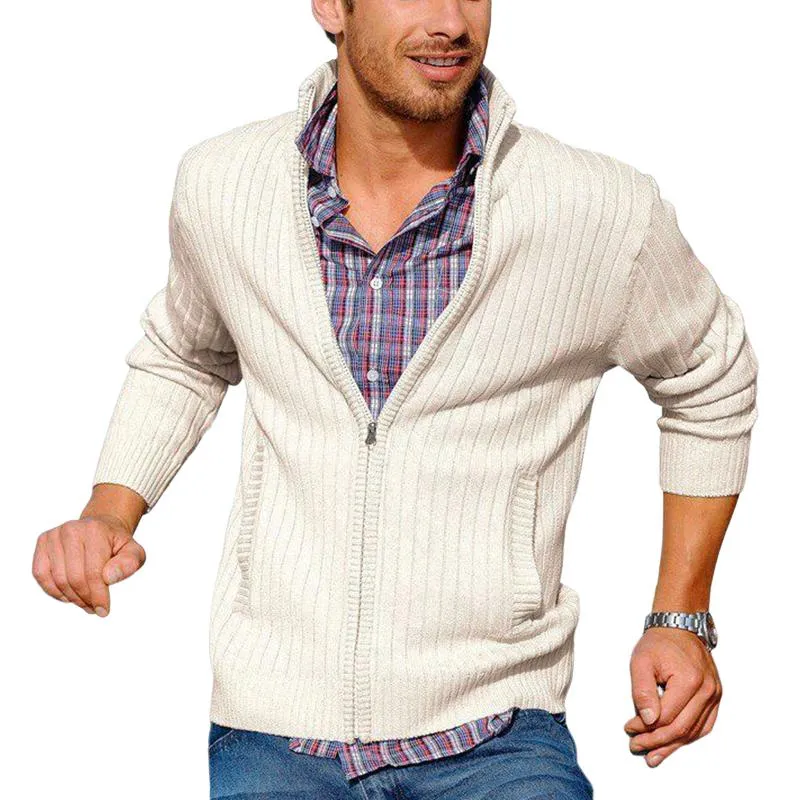 Men's Stand Collar Zipper Striped Knit Cardigan 01910471U sold by Manly
