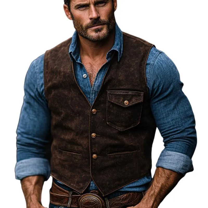 Men's Vintage V-Neck Suede Vest 82992507U sold by Manly