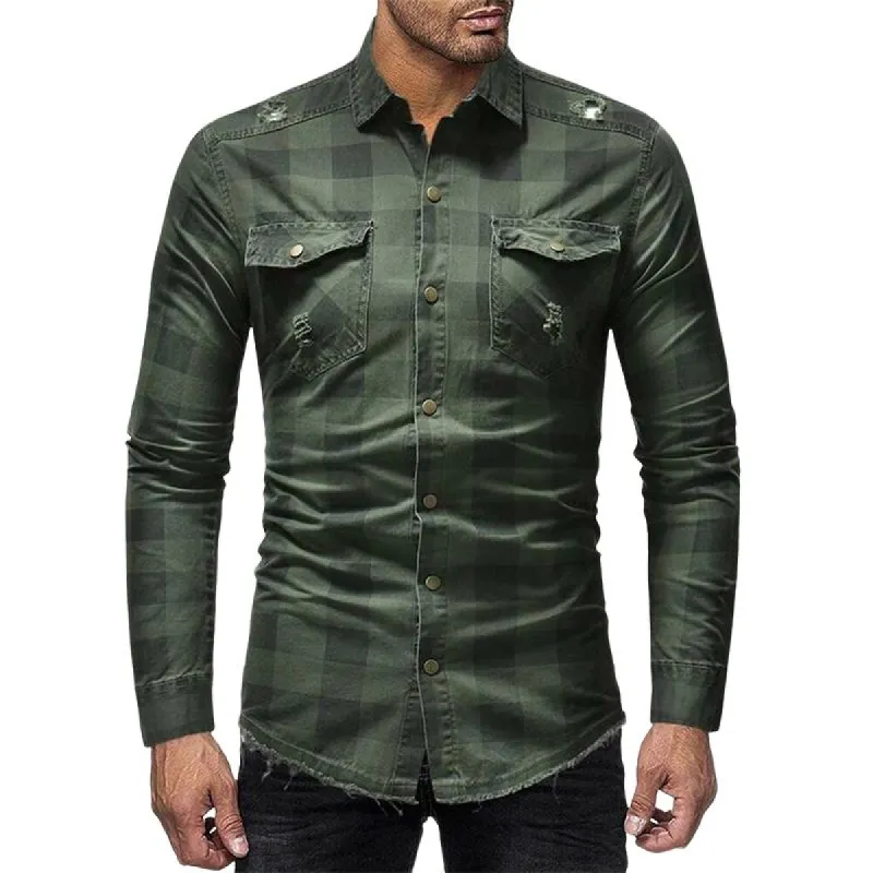 Men's Vintage Denim Plaid Distressed Long Sleeve Shirt 06141671U sold by Manly