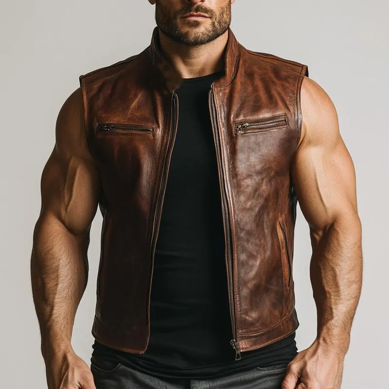 Men's Vintage Distressed Stand Collar Zipper Leather Vest 69918040U sold by Manly product image thumbnail 2