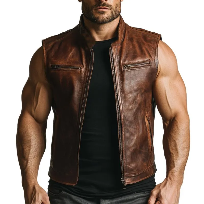 Men's Vintage Distressed Stand Collar Zipper Leather Vest 69918040U sold by Manly