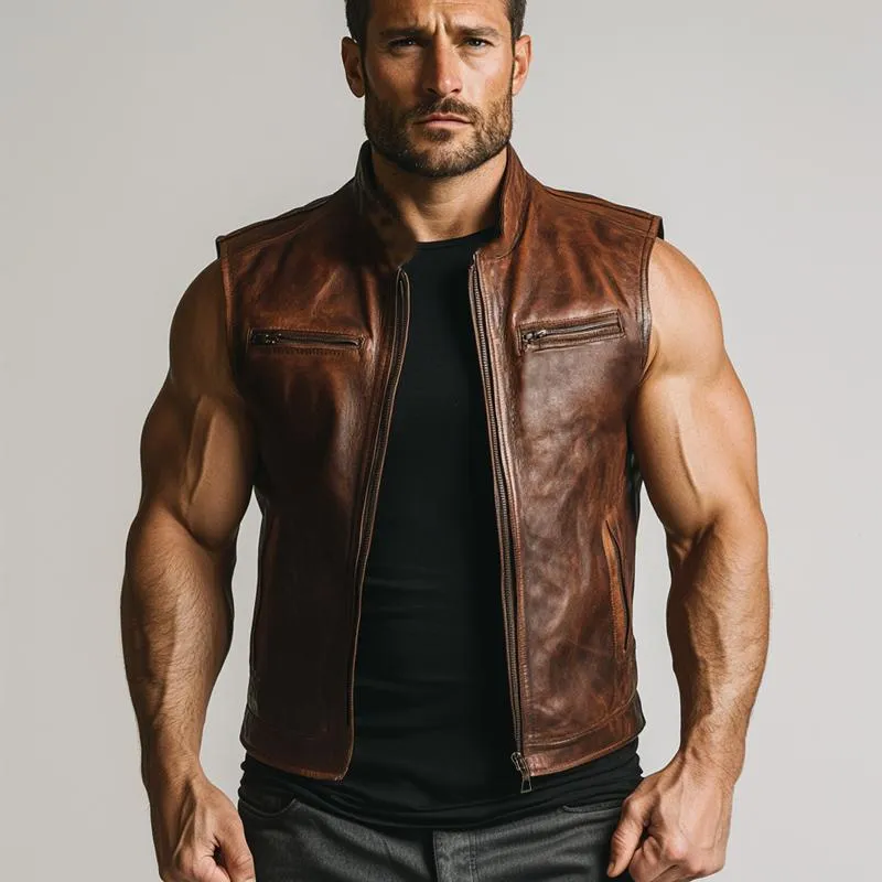 Men's Vintage Distressed Stand Collar Zipper Leather Vest 69918040U sold by Manly product image thumbnail 3