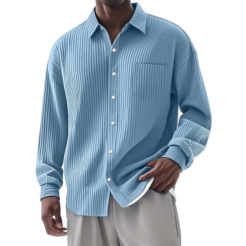 Men's Solid Color Striped Loose Lapel Long Sleeve Shirt 43578668Z sold by Manly