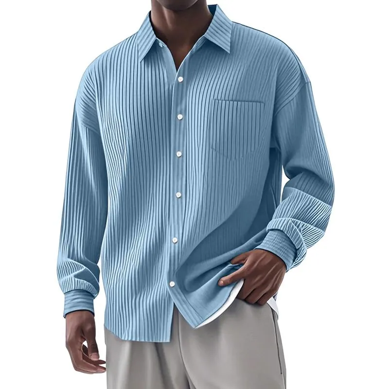 Men's Solid Color Striped Loose Lapel Long Sleeve Shirt 43578668Z sold by Manly