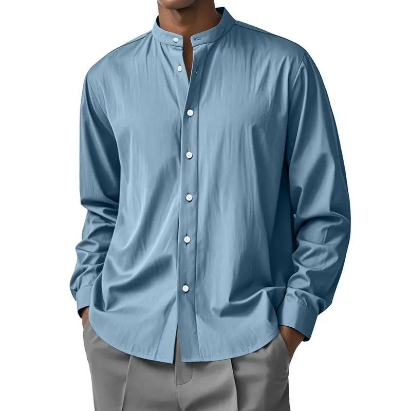 Men's Solid Color Loose Stand Collar Long Sleeve Shirt 04391704Z sold by Manly