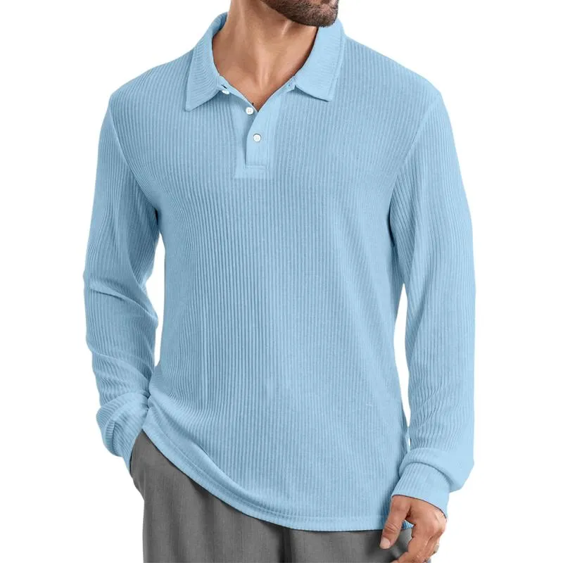 Men's Solid Color Striped Lapel Long Sleeve Casual Polo Shirt 89106580Z sold by Manly