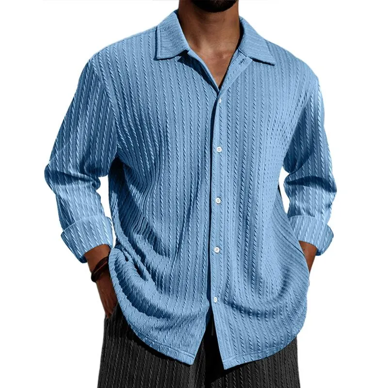 Men's Solid Color Textured Lapel Long Sleeve Shirt 98611529Z sold by Manly