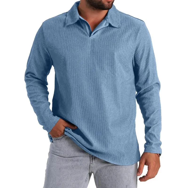 Men's Solid Corduroy Lapel Long Sleeve Casual Polo Shirt 23249210Z sold by Manly