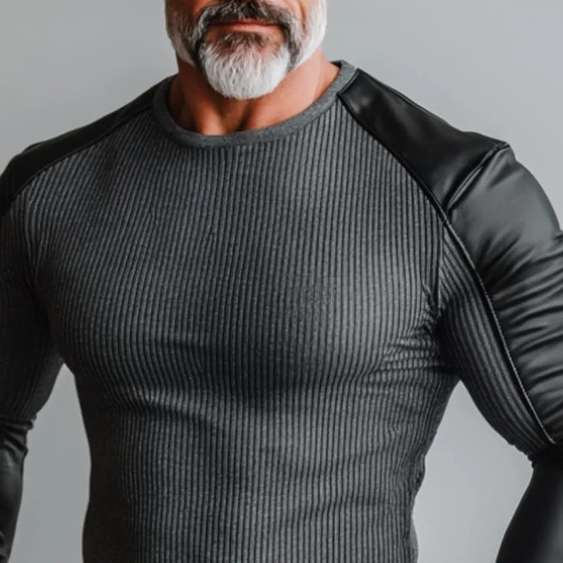 Men's Fashion Leather Stitching Round Neck Slim Fit Long Sleeve T-Shirt 57418868Y sold by Manly product image thumbnail 2