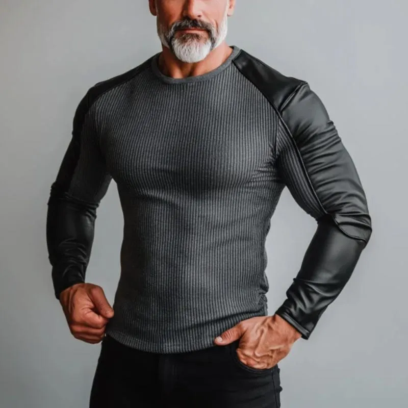 Men's Fashion Leather Stitching Round Neck Slim Fit Long Sleeve T-Shirt 57418868Y sold by Manly product image thumbnail 3