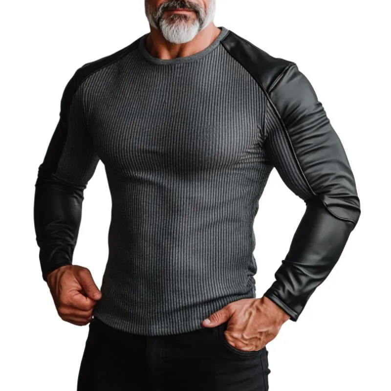 Men's Fashion Leather Stitching Round Neck Slim Fit Long Sleeve T-Shirt 57418868Y sold by Manly