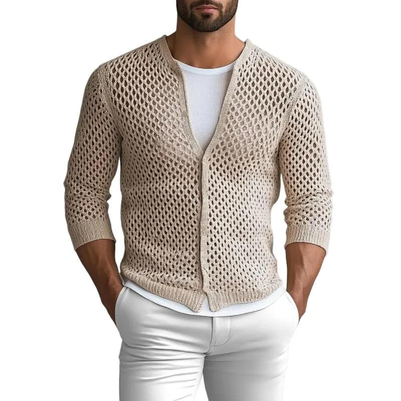 Men's Fashion Solid Color Knit Hollow Crew Neck Cardigan 24757760Y sold by Manly