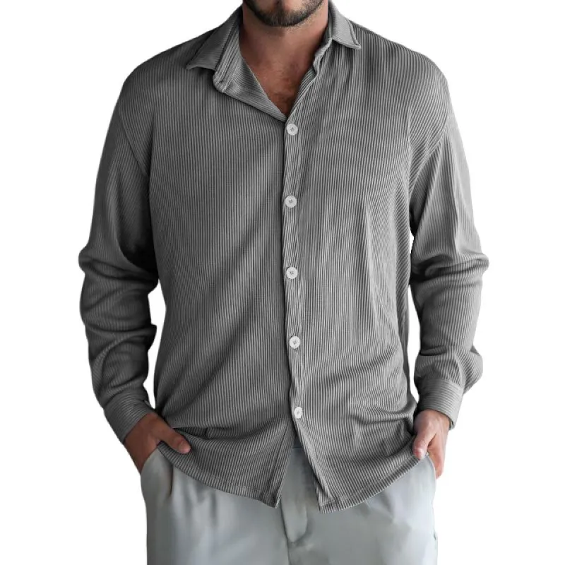 Men's Casual Striped Ribbed Lapel Long Sleeve Shirt 21878202Y sold by Manly
