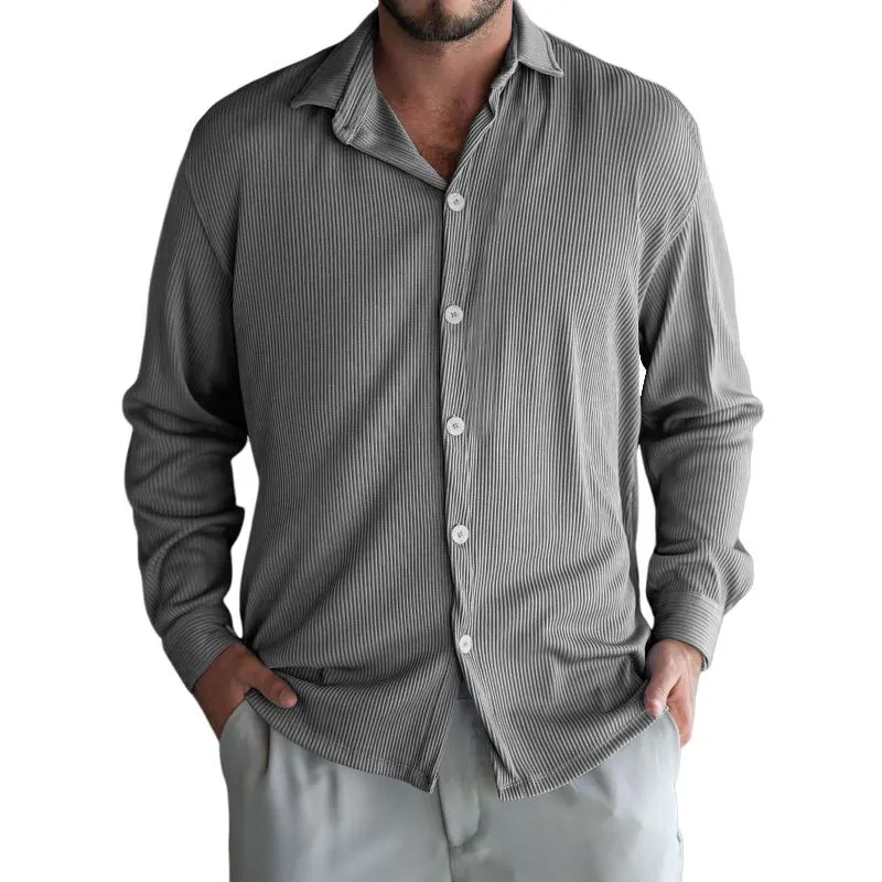 Men's Casual Striped Ribbed Lapel Long Sleeve Shirt 21878202Y sold by Manly