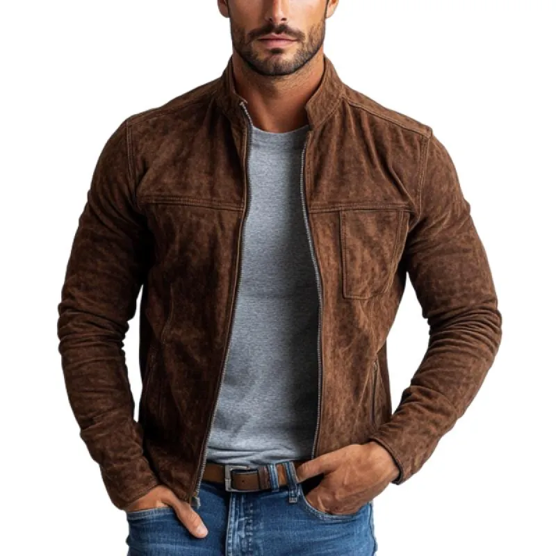 Men's Vintage Suede Zipper Stand Collar Slim Fit Short Jacket 91853691Y sold by Manly