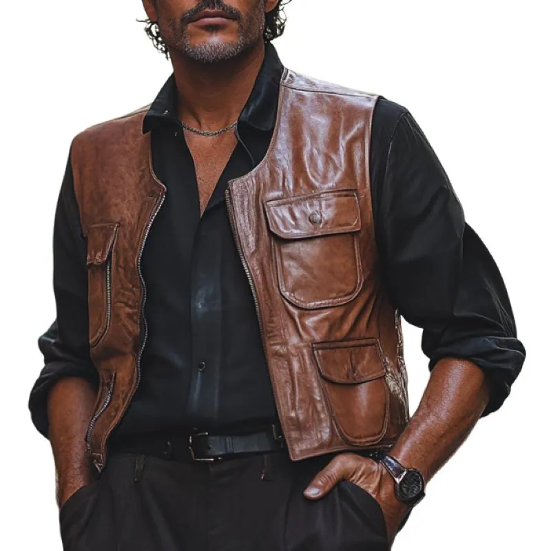 Men's Vintage Collarless Multi-Pocket Leather Vest 43395299F sold by Manly