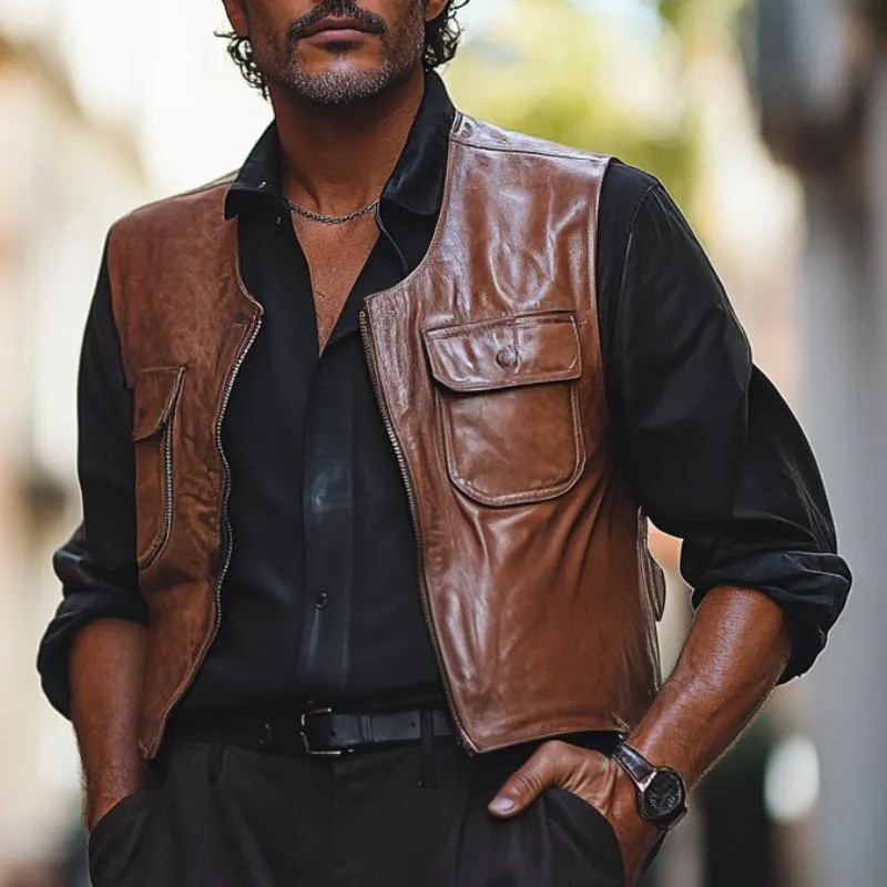 Men's Vintage Leather Round Neck Zipper Vest 91138466F sold by Manly product image thumbnail 2