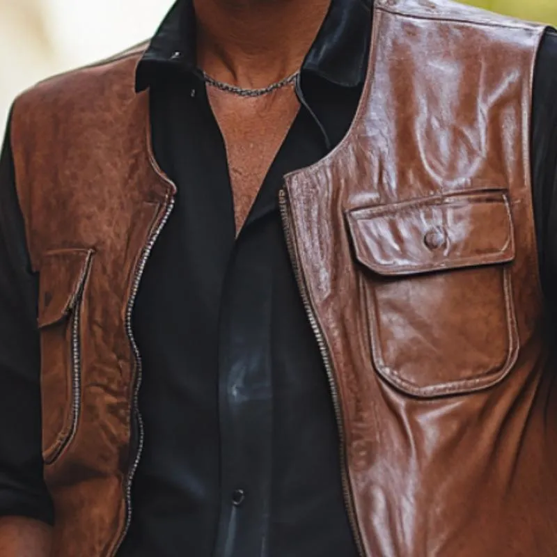 Men's Vintage Leather Round Neck Zipper Vest 91138466F sold by Manly product image thumbnail 3