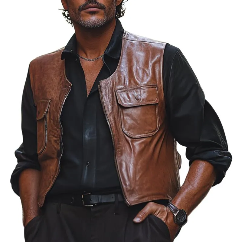 Men's Vintage Leather Round Neck Zipper Vest 91138466F sold by Manly