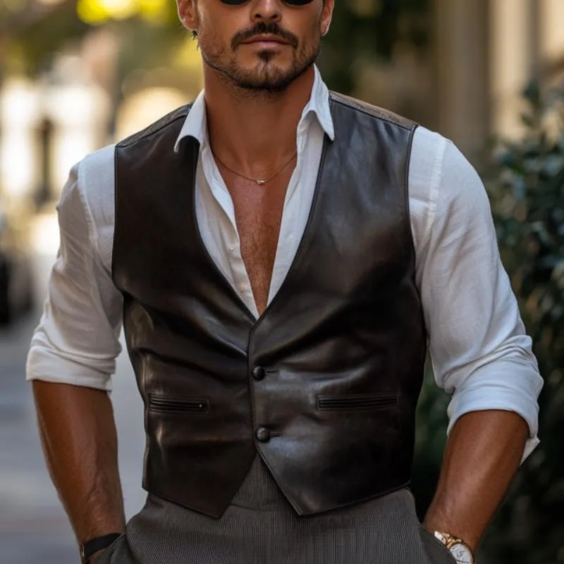 Men's Classic V-Neck Two-Button Leather Vest 42855592F sold by Manly product image thumbnail 2