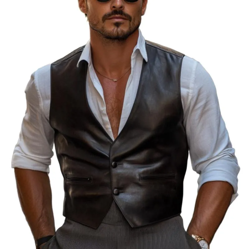 Men's Classic V-Neck Two-Button Leather Vest 42855592F sold by Manly