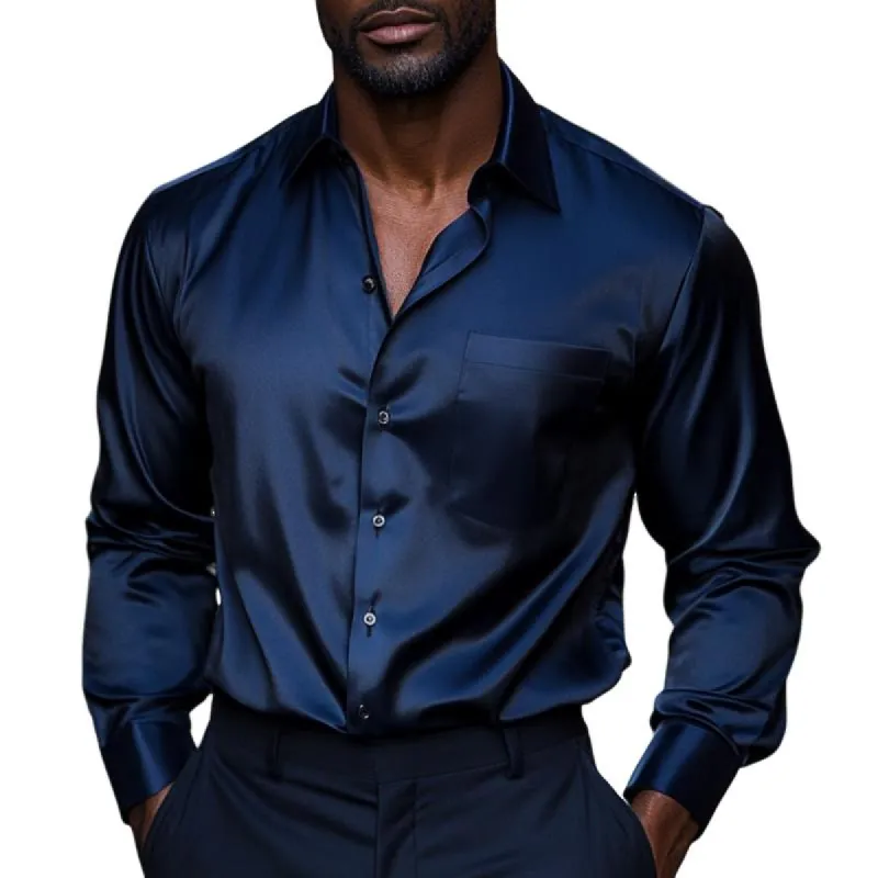 Men's Fashion Lapel Satin Long Sleeve Shirt 74590906F sold by Manly