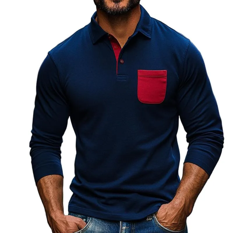 Men's Retro Casual Colorblock Lapel Long Sleeve T-Shirt 89164520TO made by Manly