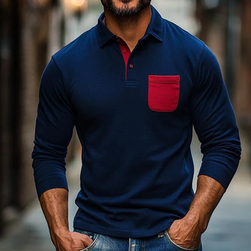 Men's Retro Casual Colorblock Lapel Long Sleeve T-Shirt 89164520TO sold by Manly product image thumbnail 3
