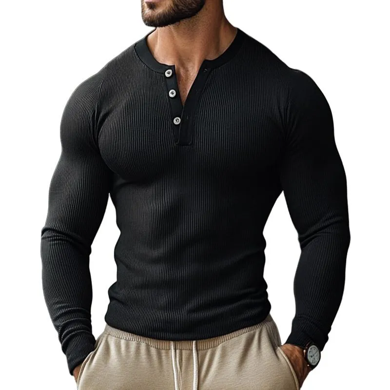 Men's Vintage Casual Solid Color Henley Neck Long Sleeve T-Shirt 93332550TO sold by Manly