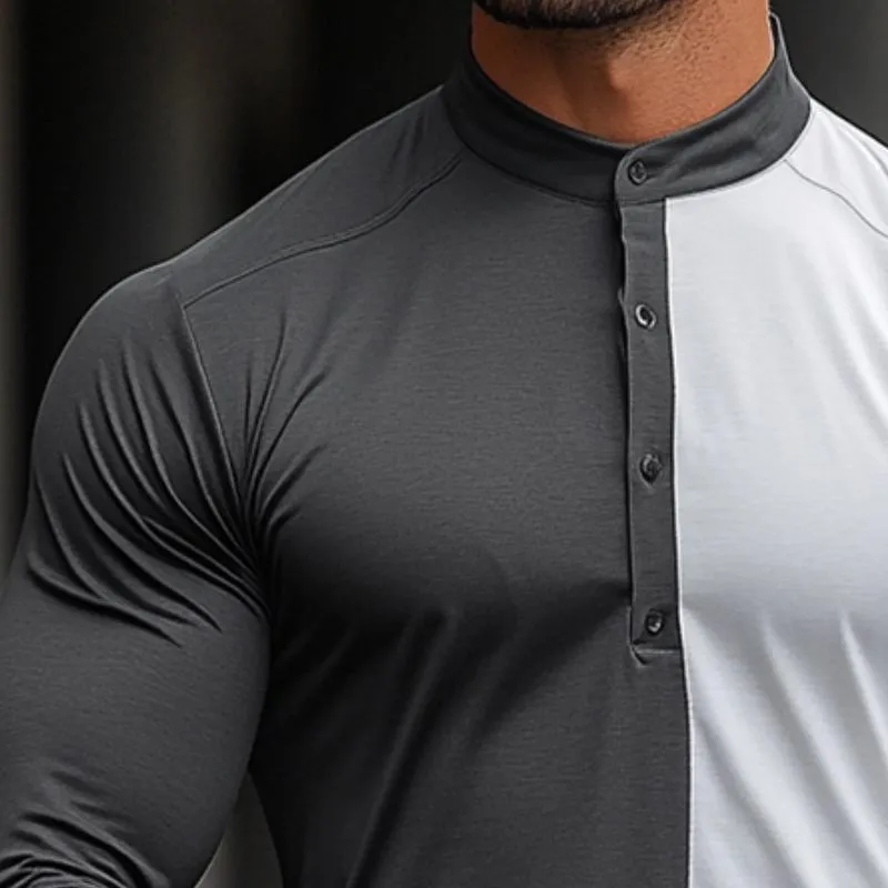 Men's Retro Casual Colorblock Stand Collar Long Sleeve Shirt 79537930TO sold by Manly product image thumbnail 3