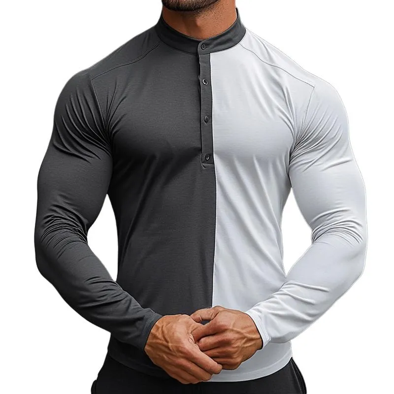 Men's Retro Casual Colorblock Stand Collar Long Sleeve Shirt 79537930TO sold by Manly