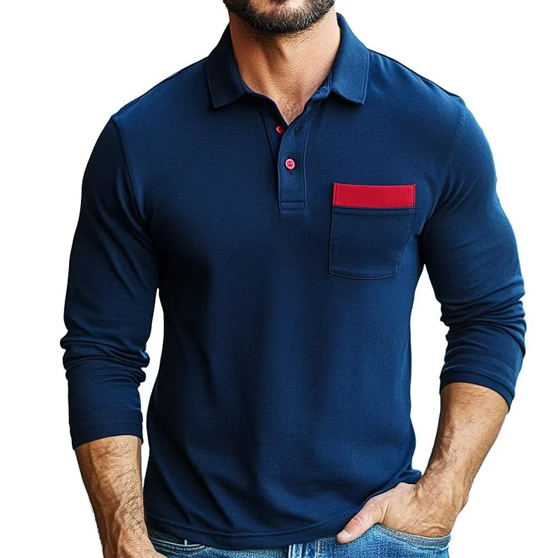 Men's Retro Casual Colorblock Lapel Long Sleeve T-Shirt 91910239TO sold by Manly