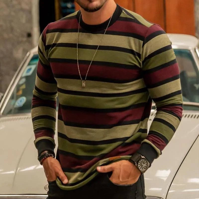 Men's Retro Casual Colorblock Striped Round Neck Long Sleeve T-Shirt 96406531TO sold by Manly product image thumbnail 2
