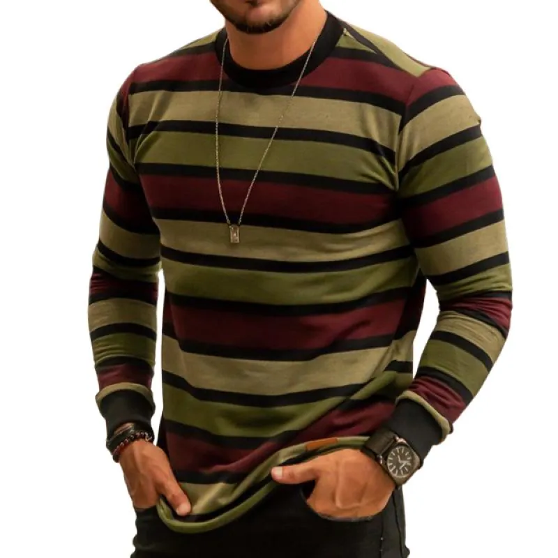 Men's Retro Casual Colorblock Striped Round Neck Long Sleeve T-Shirt 96406531TO sold by Manly