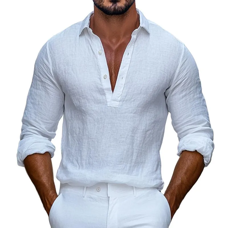 Men's Retro Casual Solid Color Linen Lapel Long Sleeve Shirt 90691463TO sold by Manly