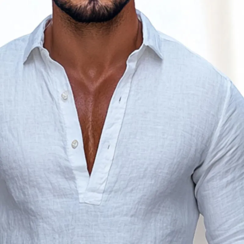 Men's Retro Casual Solid Color Linen Lapel Long Sleeve Shirt 90691463TO sold by Manly product image thumbnail 3