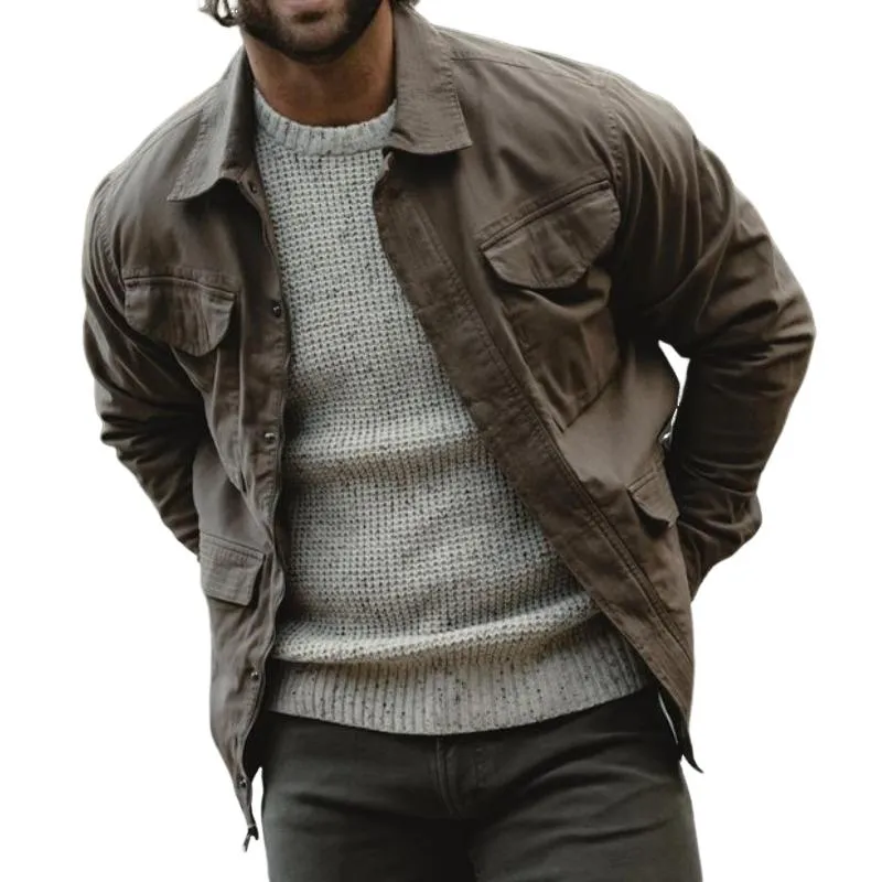 Men's Casual Outdoor Canvas Multi-Pocket Lapel Zipper Loose Jacket 50037710M sold by Manly