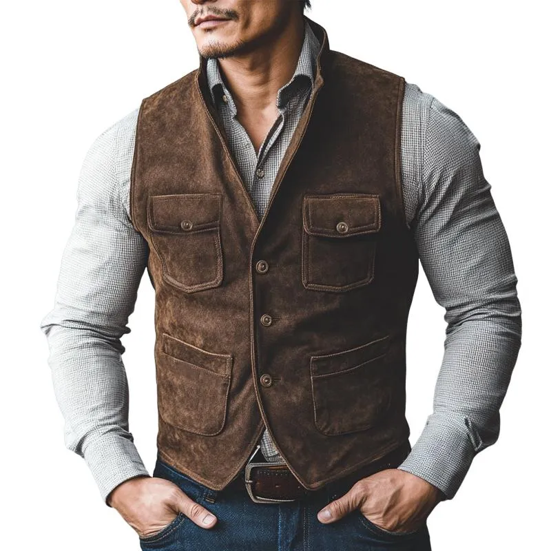 Men's Vintage Distressed Suede V-Neck Vest 78239841U sold by Manly