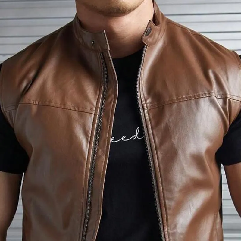 Men's Vintage Stand Collar Zipper Leather Vest 41873310U sold by Manly product image thumbnail 3