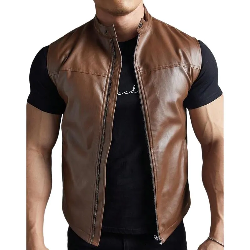 Men's Vintage Stand Collar Zipper Leather Vest 41873310U sold by Manly