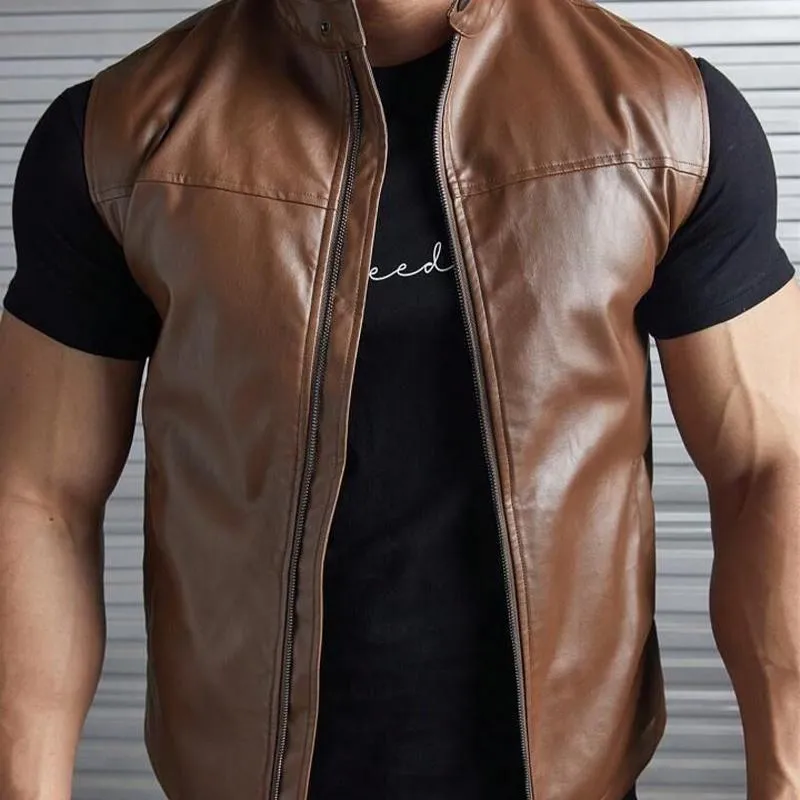 Men's Vintage Stand Collar Zipper Leather Vest 41873310U sold by Manly product image thumbnail 2