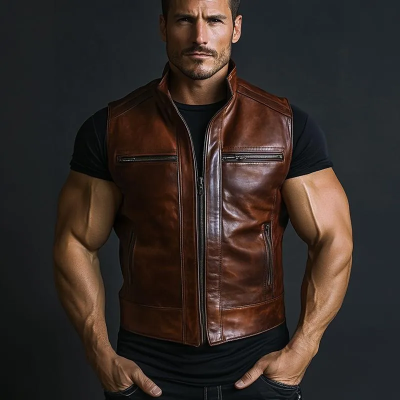 Men's Vintage Stand Collar Zipper Leather Vest 16958438U sold by Manly product image thumbnail 3