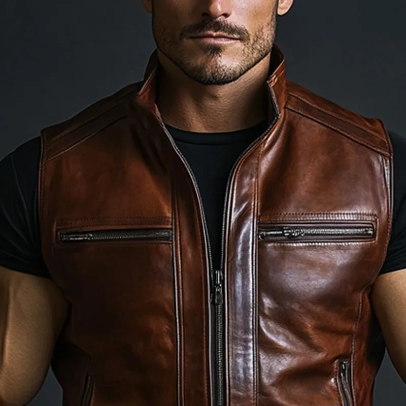 Men's Vintage Stand Collar Zipper Leather Vest 16958438U sold by Manly product image thumbnail 4