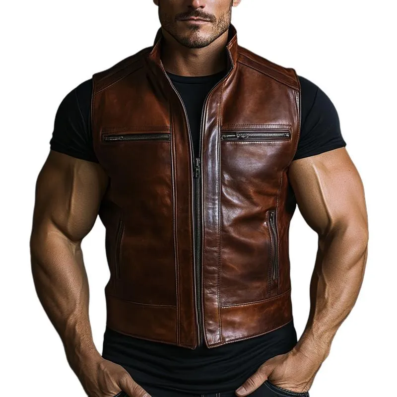 Men's Vintage Stand Collar Zipper Leather Vest 16958438U sold by Manly