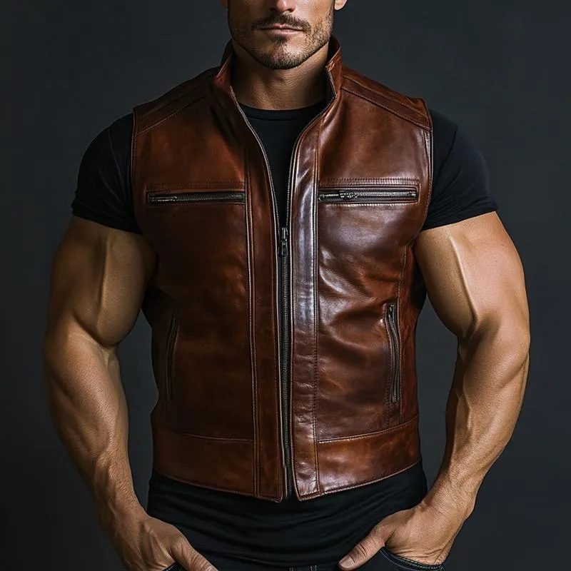 Men's Vintage Stand Collar Zipper Leather Vest 16958438U sold by Manly product image thumbnail 2