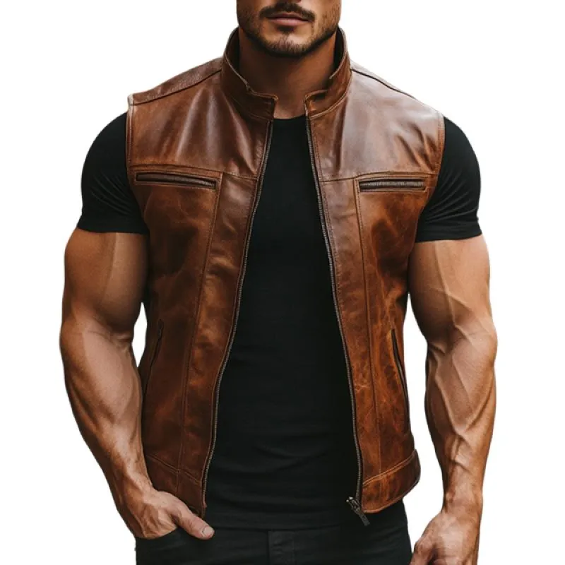 Men's Vintage Stand Collar Zipper Leather Vest 31819047U sold by Manly
