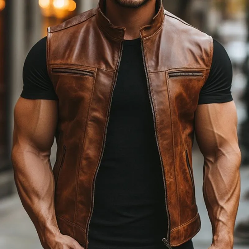 Men's Vintage Stand Collar Zipper Leather Vest 31819047U sold by Manly product image thumbnail 3