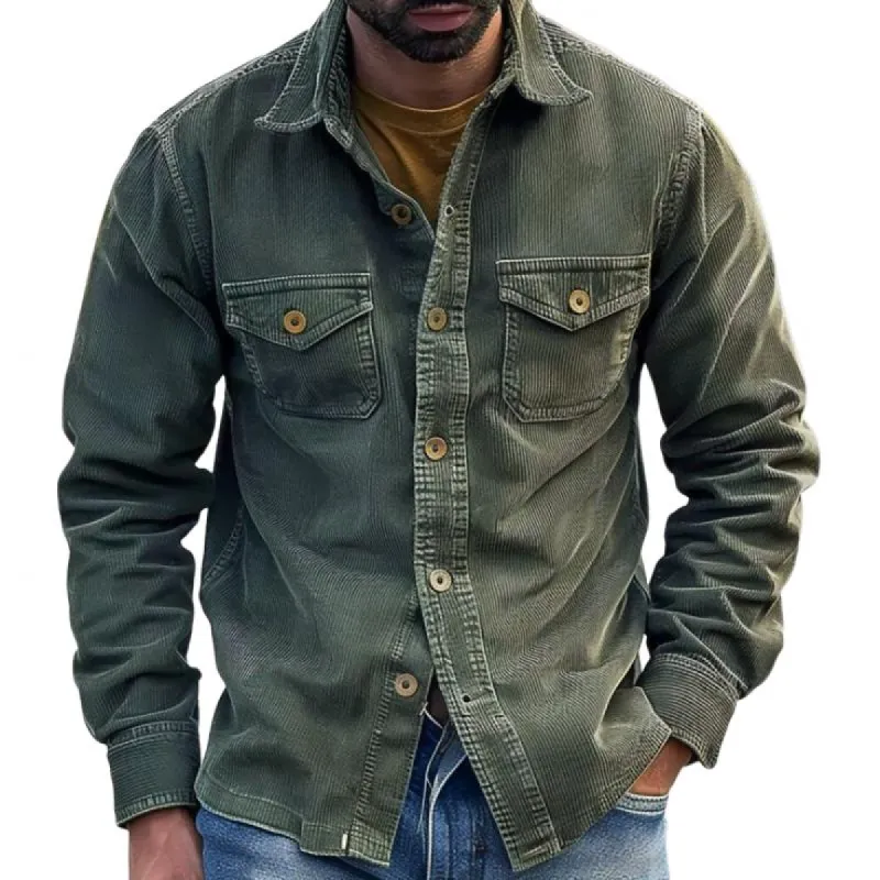Men's Casual Distressed Corduroy Lapel Workwear Long Sleeve Shirt 24673883M sold by Manly