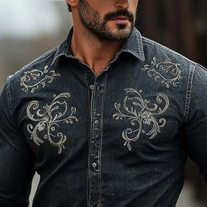 Men's Classic Retro Western Cowboy Style Embroidered Long Sleeve Denim Shirt 05541964K sold by Manly product image thumbnail 4